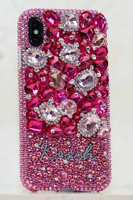 Gemstones Garden Personalized Name Initials Genuine Pink Crystals Bling Case For iPhone X XS Max XR 7 8 Plus Samsung Galaxy S9 Note 9 / 8