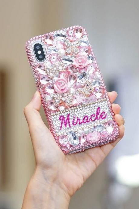Pink Wonderland Roses Personalized Name Initials Genuine Crystals Bling Case For iPhone X XS Max XR 7 8 Plus Samsung Galaxy S9 Note 9 / 8