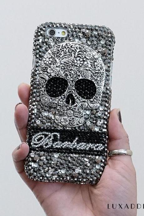 Metallic Skull Personalized Name Initials Genuine Black Crystals Bling Case For iPhone X XS Max XR 7 8 Plus Samsung Galaxy S9 Note 9 / 8