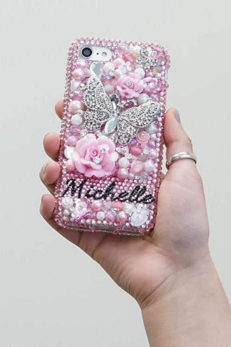Butterfly Roses Pearls Personalized Name Initials Genuine Pink Crystals Bling Case For iPhone X XS Max XR 7 8 Plus Samsung Galaxy S9 Note 9