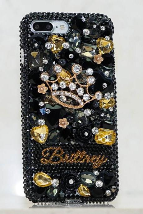 Golden Diamond Crown Personalized Name Initials Genuine Black Crystals Bling Case For iPhone X XS Max XR 7 8 Plus Samsung Galaxy S9 Note 9