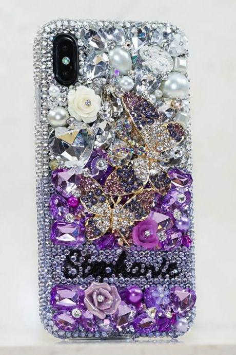 Lavender Butterfly Rose Personalized Name Initials Genuine Crystals Bling Case For iPhone X XS Max XR 7 8 Plus Samsung Galaxy S9 Note 9 / 8