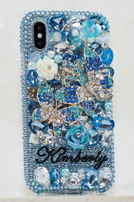 Aqua Blue Butterfly Rose Personalized Name Initials Genuine Crystals Bling Case For iPhone X XS Max XR 7 8 Plus Samsung Galaxy S9 Note 9 / 8