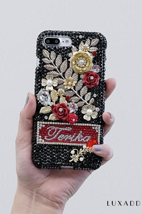 Vintage Golden Roses Personalized Name Initials Genuine Crystals Bling Case For iPhone X XS Max XR 7 8 Plus Samsung Galaxy S9 Note 9 / 8