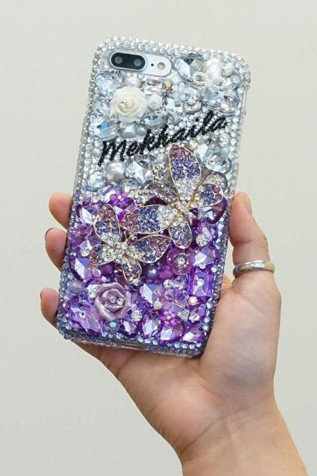Purple Butterfly Roses Personalized Name Initials Genuine Crystals Bling Case For iPhone X XS Max XR 7 8 Plus Samsung Galaxy S9 Note 9 / 8