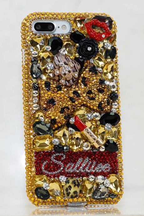 Leopard Bow Skull Personalized Name Initials Genuine Gold Crystals Bling Case For iPhone X XS Max XR 7 8 Plus Samsung Galaxy S9 Note 9 / 8