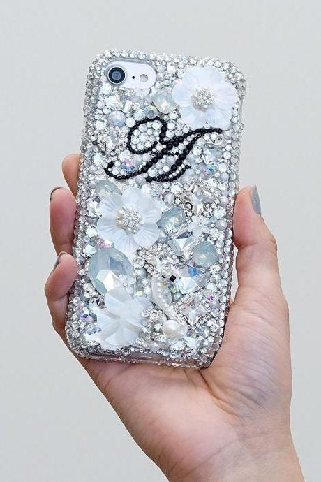 White Lily Pearls Personalized Name Initials Genuine Crystals Case For iPhone X XS Max XR 7 8 Plus Samsung Galaxy S9 Note 9 / 8 Wedding Gift