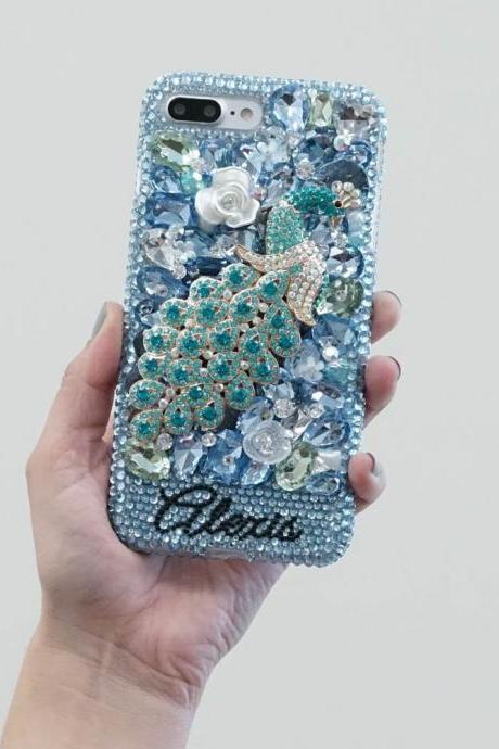 Aqua Blue Diamond Peacock Rose Personalized Name Initials Genuine Crystals Case For iPhone X XS Max XR 7 8 Plus Samsung Galaxy S9 Note 9 / 8