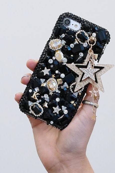 Super Star Personalized Name Initials Genuine Black Stones Gold Crystals Case For iPhone X XS Max XR 7 8 Plus Samsung Galaxy S9 Note 9 / 8