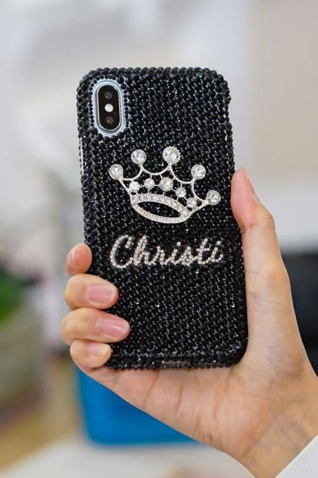 Diamond Crown Personalized Name Initials Genuine Jet Black Crystals Case For iPhone X XS Max XR 7 8 6 6s Plus Samsung Galaxy S9 Note 9 / 8