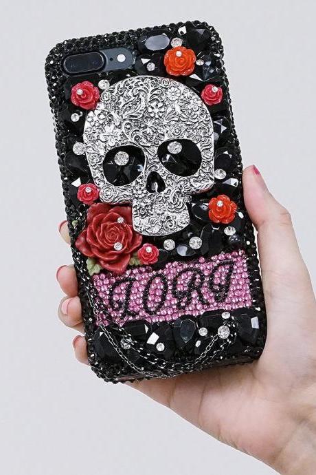 Skull and Red Roses Personalized Name Initials Genuine black Crystals Case For iPhone X XS Max XR 7 8 Plus Samsung Galaxy S9 Note 9 / 8