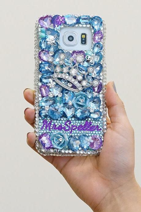 Diamond Crown Personalized Name Initials Genuine Aqua Blue Purple Crystals Case For iPhone X XS Max XR 7 8 Plus Samsung Galaxy S9 Note 9 / 8