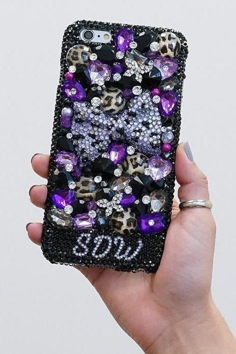 Personalized Name Initials Leopard Bow Genuine Crystals Case For iPhone X XS Max XR 7 8 Plus Samsung Galaxy S9 Note 9 / 8 Diamond Sparkle