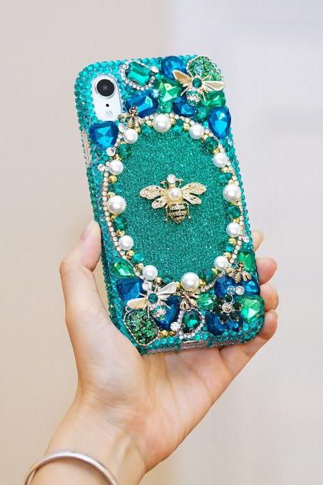 Bling Bee Brave Honey Pearls Genuine Turquoise Crystals Diamond Sparkle Case For iPhone X XS Max XR 7 8 Plus Samsung Galaxy S9 Note 9 / 8