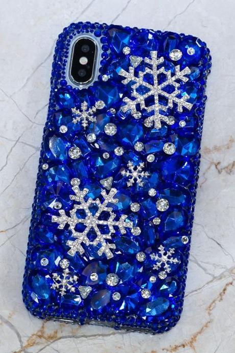 Genuine Crystals Case For iPhone X XS Max XR 7 8 Plus Samsung Galaxy S9 Note 9 Bling Diamond Sparkle Snowflakes Deep Blue Stones