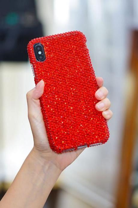Bling Genuine Bright Red Crystals Case For iPhone X XS Max XR 7 8 Plus Samsung Galaxy S9 Note 9 / 8 Diamond Sparkle Easy Grip Cover