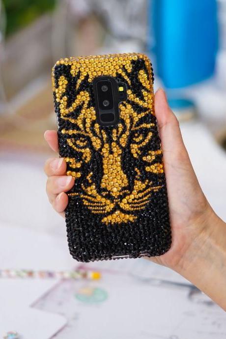 Bling Golden Tiger Genuine Crystals Case For iPhone X XS Max XR 7 8 Plus Samsung Galaxy S9 Note 9 / 8 Diamond Sparkle Easy Grip Cover