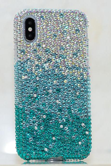 Bling Genuine AB Crystals Faded Turquoise Case For iPhone X XS Max XR 7 8 Plus Samsung Galaxy S9 Note 9 / 8 Diamond Sparkle Protective Cover