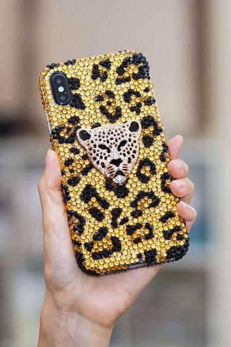 Bling Leopard Cheetah Genuine Gold Crystals Case For iPhone X XS Max XR 7 8 Plus Samsung Galaxy S9 Note 9 / 8 Diamond Sparkle Cover
