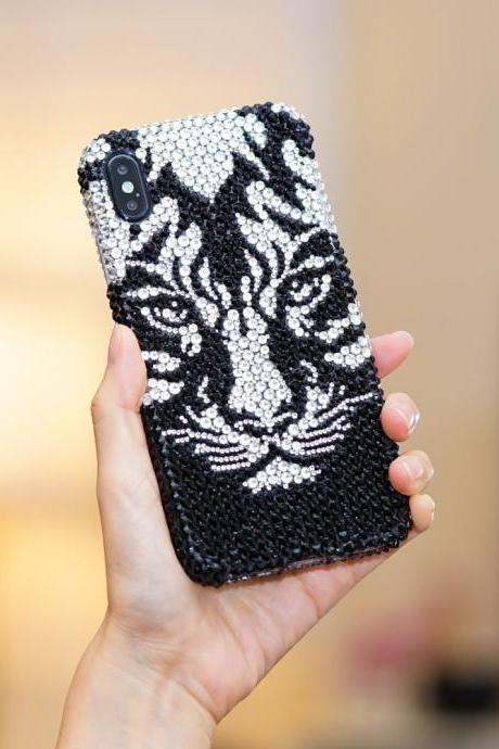 Bling Tiger Genuine Jet Black Clear Crystals Case For iPhone X XS Max XR 7 8 Plus Samsung Galaxy S9 Note 9 / 8 Diamond Sparkle Luxury Cover