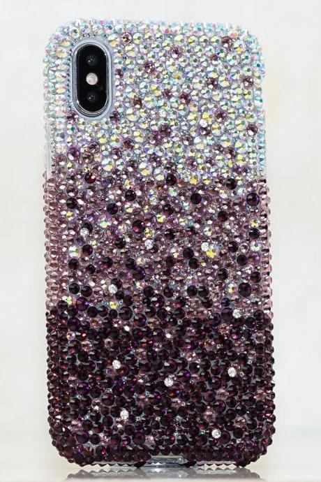 Bling Genuine AB Crystals Faded to Dark Purple Case For iPhone X XS Max XR 7 8 Plus Samsung Galaxy S9 Note 9 / 8 Diamond Sparkle Cover