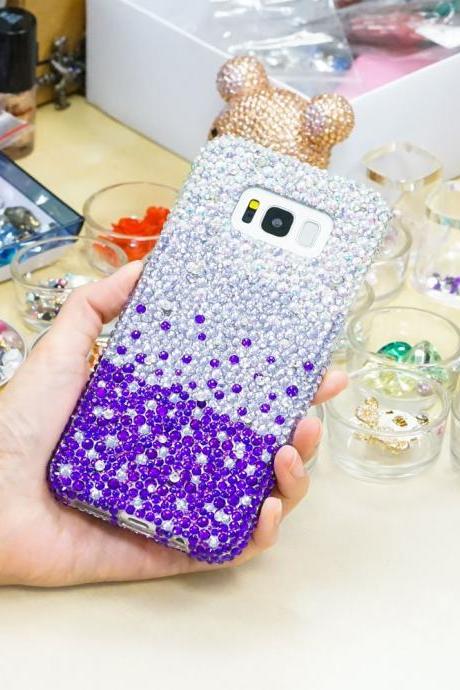 Bling Genuine Crystals AB Faded to Lavender Dark Purple Case For iPhone X XS Max XR 7 8 Plus Samsung Galaxy S9 Note 9 / 8 Diamond Sparkle