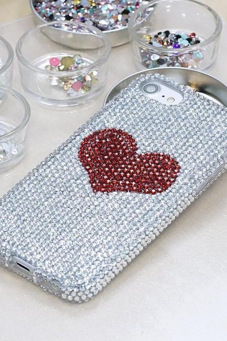 Bling Bright Red Heart Genuine Clear Crystals Case For iPhone X XS Max XR 7 8 Plus Samsung Galaxy S9 Note 9 / 8 Diamond Sparkle Cover