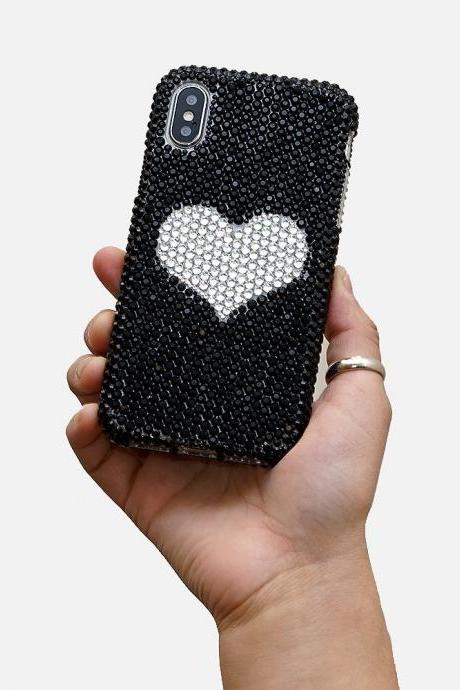 Bling Heart Design Genuine Jet Black and Clear Crystals Case For iPhone X XS Max XR 7 8 Plus Samsung Galaxy S9 Note 9 / 8 Diamond Sparkle