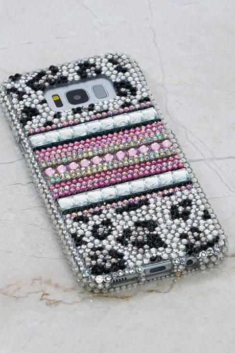 Bling Black and White Leopard Genuine Crystals Case For iPhone X XS Max XR 7 8 Plus Samsung Galaxy S9 Note 9 / 8 Diamond Sparkle Stones