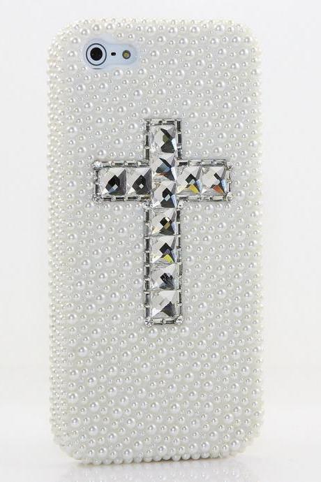 Bling White Pearls Cross Design Genuine Crystals Case For iPhone X XS Max XR 7 8 Plus Samsung Galaxy S9 Note 9 / 8 Diamond Sparkle