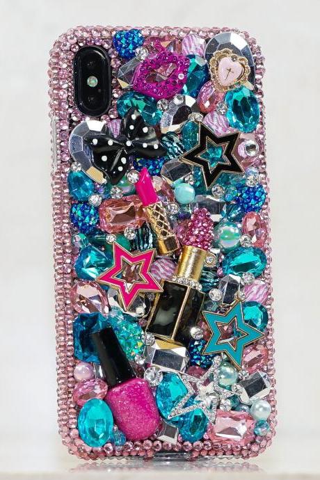 Genuine Pink Crystals Case For iPhone X XS Max XR 7 8 Plus Samsung Galaxy S9 Note 9 Bling Diamond Sparkle Super Star Lipstick Makeup Design