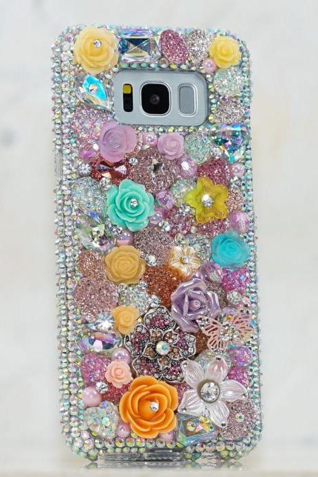 Genuine Crystals Case For iPhone X XS Max XR 7 8 Plus Samsung Galaxy S9 Note 9 Bling Diamond Sparkle Flower Orange Pink Purple Roses