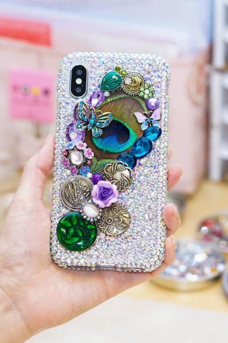 Genuine AB Crystals Case For iPhone X XS Max XR 7 8 Plus Samsung Galaxy S9 Note 9 Bling Diamond Sparkle Vintage Peacock Feather Butterfly