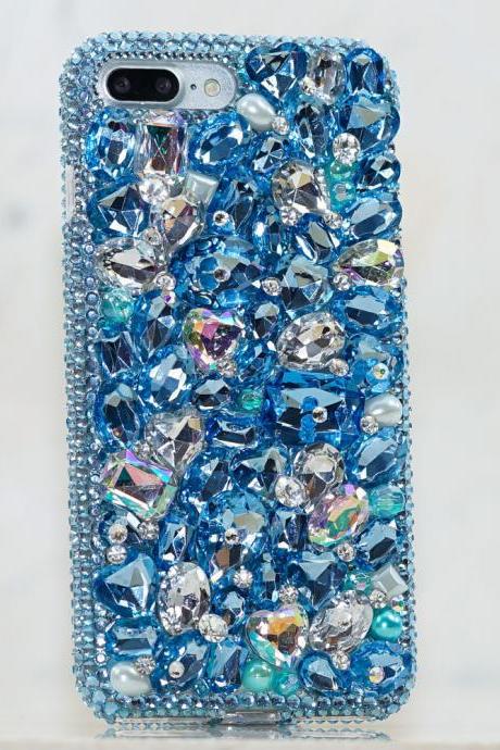 Genuine Crystals Case For iPhone X XS Max XR 7 8 Plus Samsung Galaxy S9 Note 9 Bling Diamond Sparkle Blue Clear Heart Stones