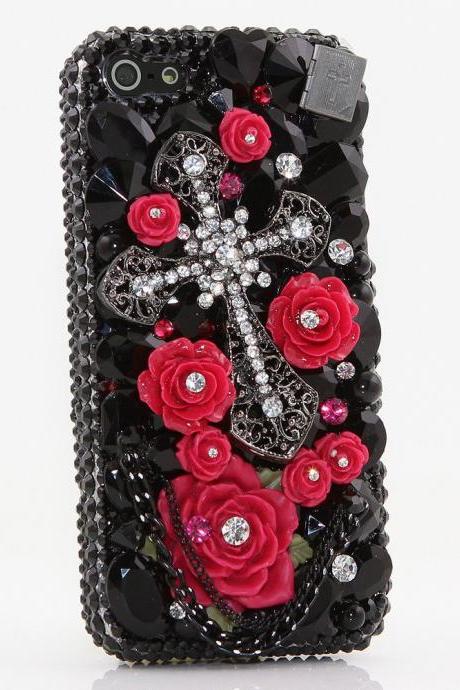 Genuine Crystals Case For iPhone X XS Max XR 7 8 Plus Samsung Galaxy S9 Note 9 Bling Diamond Sparkle Red Roses Cross Black Stones