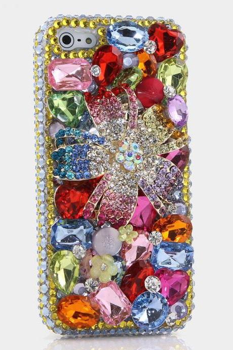 Genuine Crystals Case For iPhone X XS Max XR 7 8 Plus Samsung Galaxy S9 Note 9 Bling Diamond Sparkle Rainbow Flower Pink Blue Green Stones