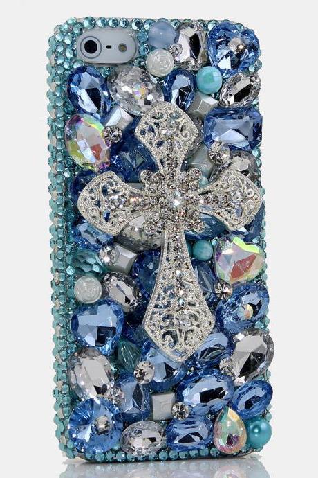 Genuine Crystals Case For iPhone X XS Max XR 7 8 Plus Samsung Galaxy S9 Note 9 Bling Diamond Sparkle Blue Cross Gem Stones Gift for Her