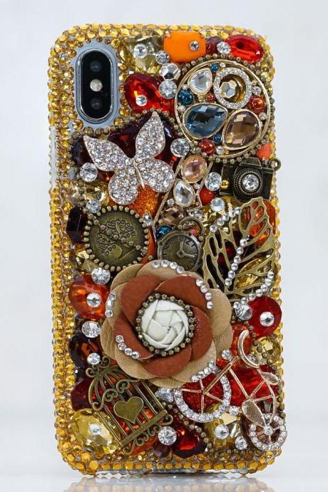 Genuine Crystals Case For iPhone X XS Max XR 7 8 Plus Samsung Galaxy S9 Note 9 Bling Diamond Sparkle Vintage Jewelry Butterfly Gold Stones