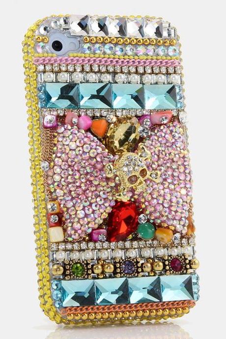 Genuine Crystals Case For iPhone X XS Max XR 7 8 Plus Samsung Galaxy S9 Note 9 Bling Diamond Sparkle Pink Bow Golden Skull Designv