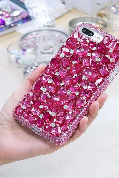 Genuine Crystals Case For iPhone X XS Max XR 7 8 Plus Samsung Galaxy S9 Note 9 Bling Diamond Sparkle Fuchsia Pink Stones Protective Cover