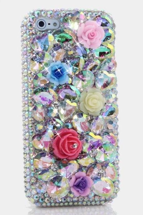 Genuine AB Crystals Case For iPhone X XS Max XR 7 8 Plus Samsung Galaxy S9 Note 9 Bling Diamond Sparkle Rainbow Posies Flowers Roses