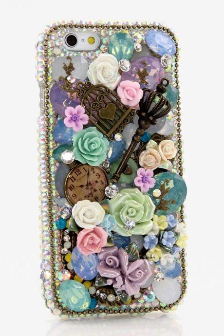 Genuine AB Crystals Case For iPhone X XS Max XR 7 8 Plus Samsung Galaxy S9 Note 9 Bling Diamond Sparkle Vintage Rose Garden Design