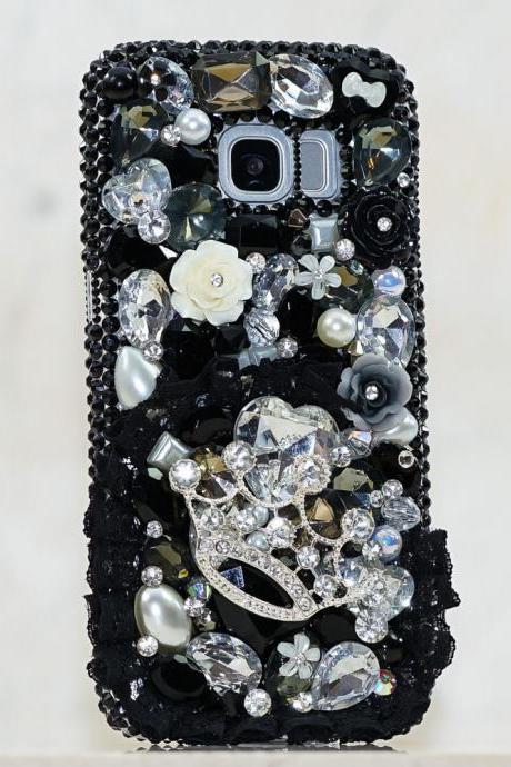 Genuine Crystals Case For iPhone X XS Max XR 7 8 Plus Samsung Galaxy S9 Note 9 Bling Diamond Sparkle Black Lace Silver Crown Roses