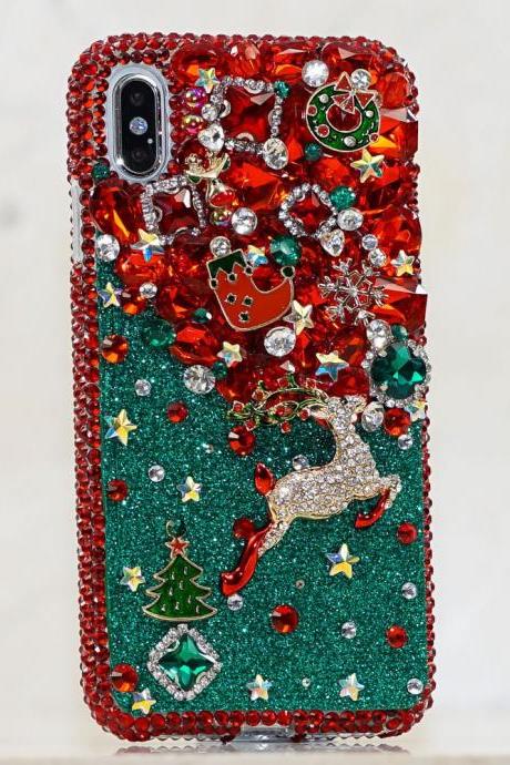 Genuine Crystals Case For iPhone X XS Max XR 7 8 Plus Samsung Galaxy S9 Note 9 Bling Diamond Sparkle Happy Holiday Christmas Design