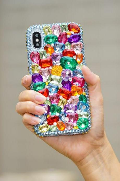 Genuine Crystals Case For iPhone X XS Max XR 7 8 Plus Samsung Galaxy S9 Note 9 Bling Diamond Sparkle Rainbow Rock Blue Purple Green Stones