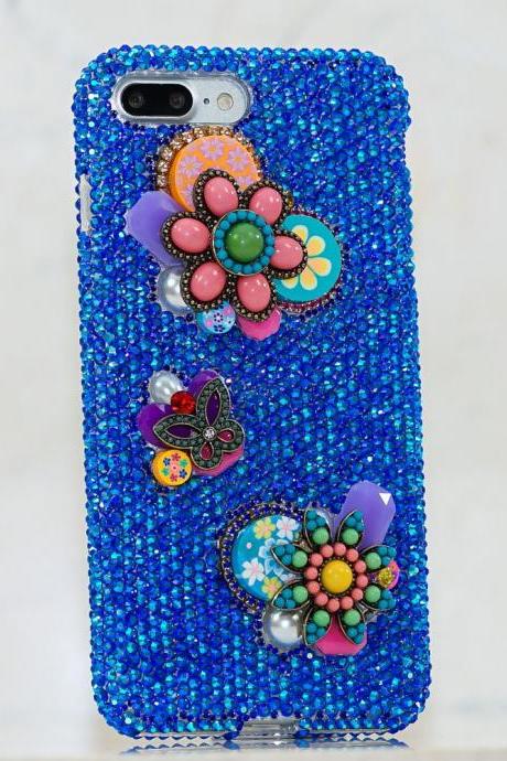 Genuine Crystals Case For iPhone X XS Max XR 7 8 Plus Samsung Galaxy S9 Note 9 Bling Diamond Sparkle Vintage Flowers Butterfly Blue Stones