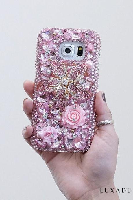Genuine Crystals Case For iPhone X XS Max XR 7 8 Plus Samsung Galaxy S9 Note 9 Bling Diamond Sparkle Baby Pink Flower Roses Gem Stones