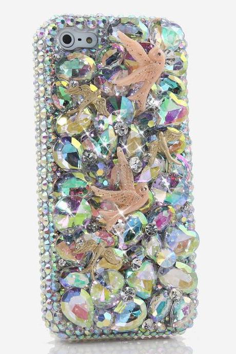 Genuine AB Crystals Case For iPhone X XS Max XR 7 8 Plus Samsung Galaxy S9 Note 9 Bling Diamond Sparkle Doves Design Heart Stones