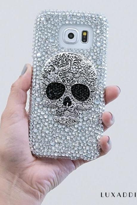 Metallic Skull Genuine Clear Crystals Diamond Sparkle Bling Easy Grip Jewelry Case For iPhone X XS Max XR 7 8 Plus Samsung Galaxy S9 Note 9
