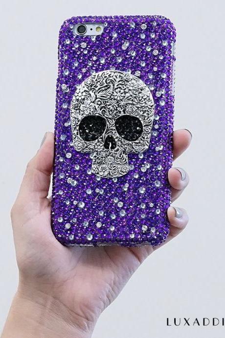 Metallic Skull Vintage Design Genuine Purple Crystals Diamond Sparkle Bling Case For iPhone X XS Max XR 7 8 Plus Samsung Galaxy S9 Note 9